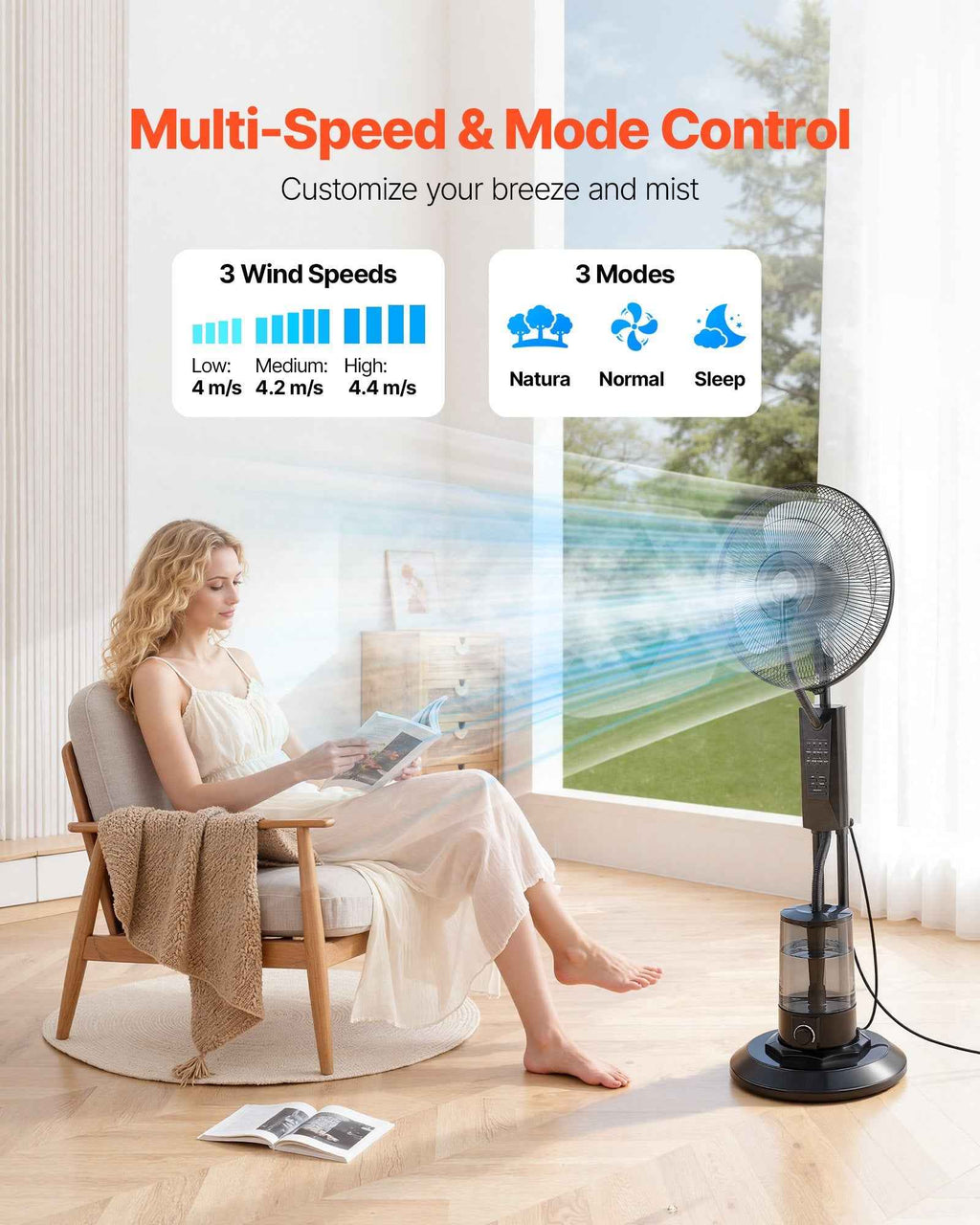 VEVOR Misting Fan, 3 Wind Speeds Misting Standing Fan, Mister Cooling Fans with 0.79 Gal Water Tank, Remote & Panel Control, Water Cooling Fans for Indoor, Outdoor, Garage, Patio, Living Room, 3 Modes