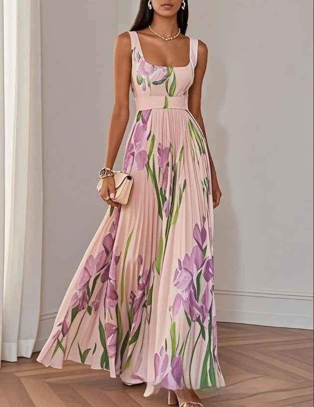 Women's Summer Floral Print Sleeveless A-Line Pleated Flowy Midi Dress