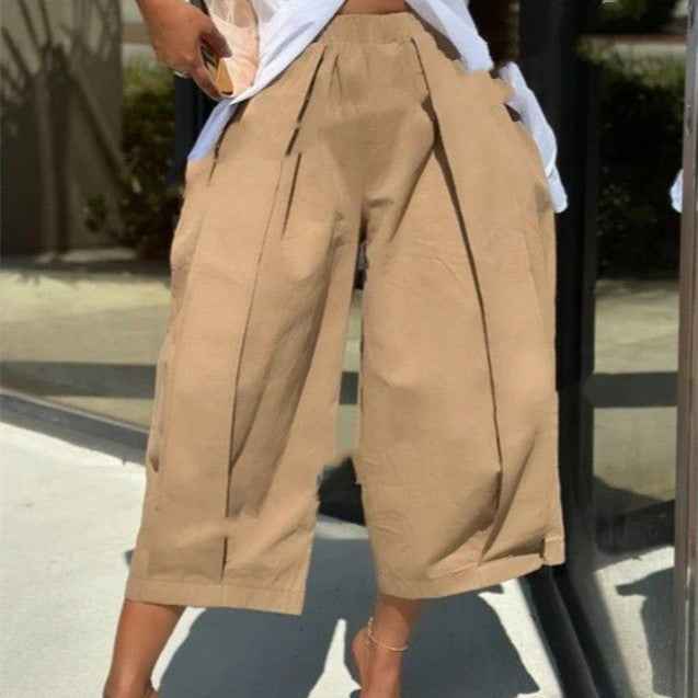 Women's Casual Cropped Wide-Leg Pants | High Elastic Waist Loose Solid Lounge Trousers