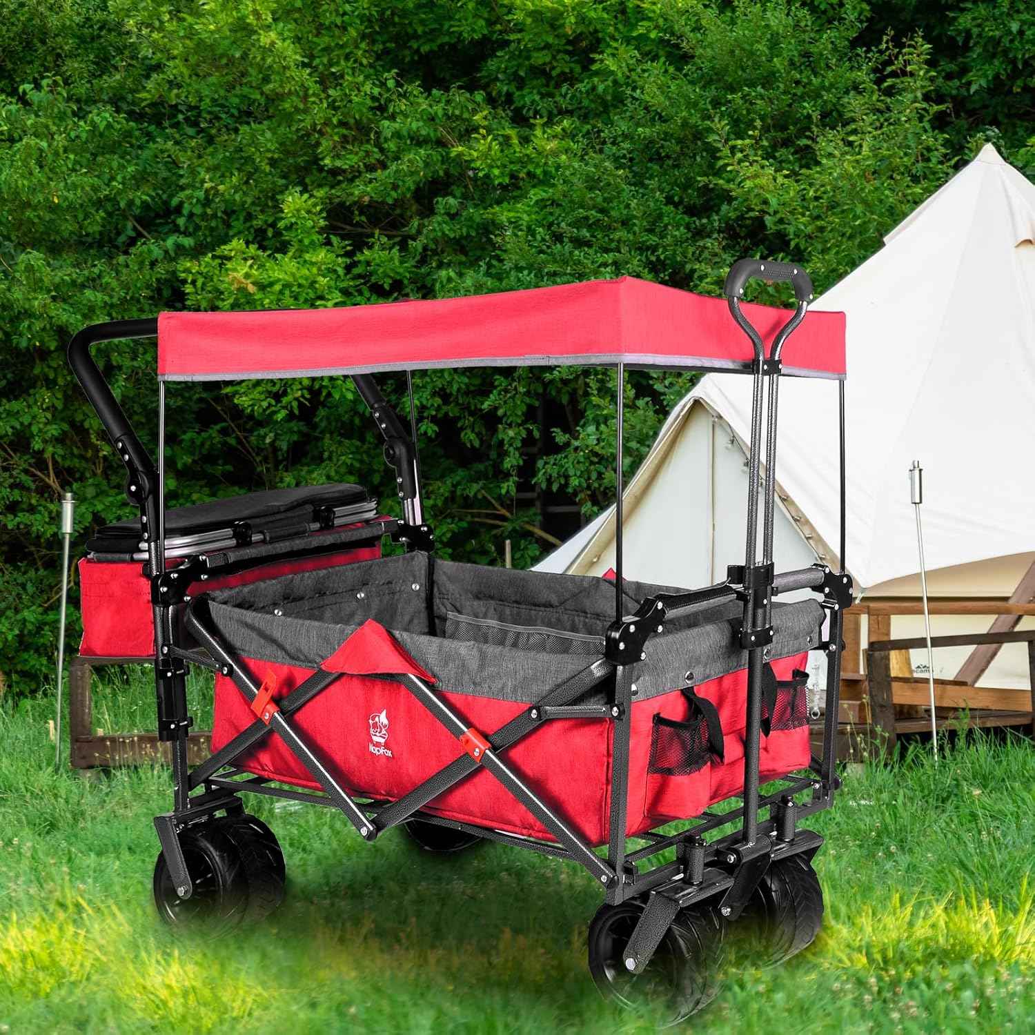 140L Collapsible Folding Wagon Cart with Removable Canopy, All-Terrain Wheels & Cooler Bag