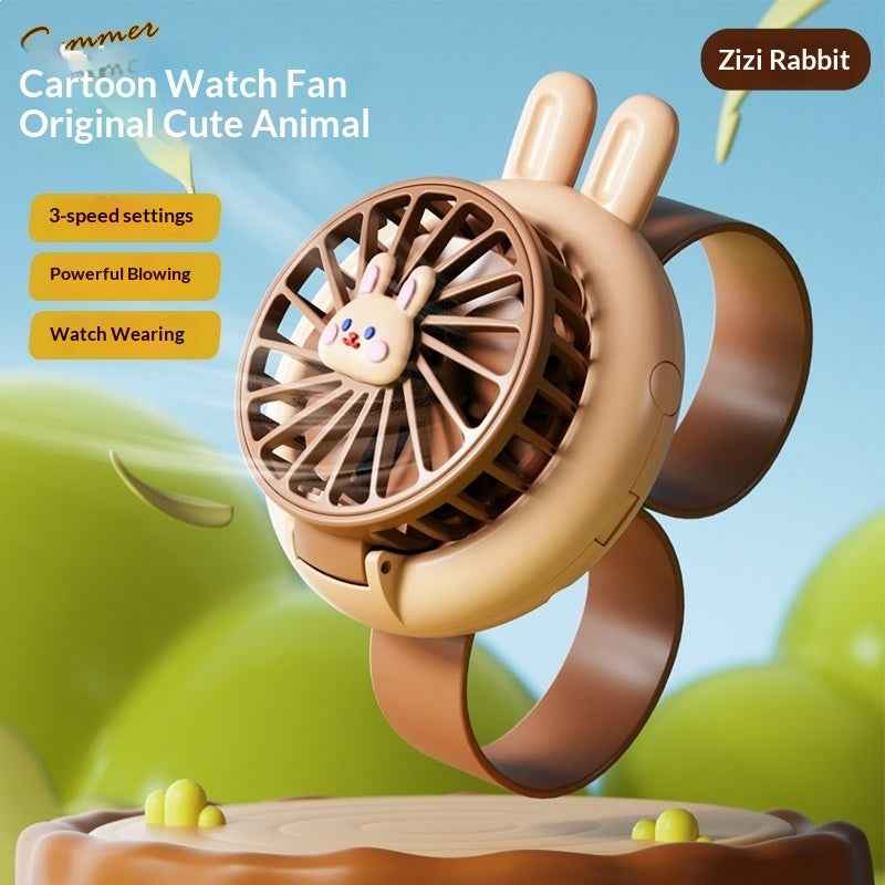 Cute Cartoon 2-in-1 Mini Wrist Watch Fan | USB Rechargeable & Portable Handheld Cooling Fan for Kids & Students