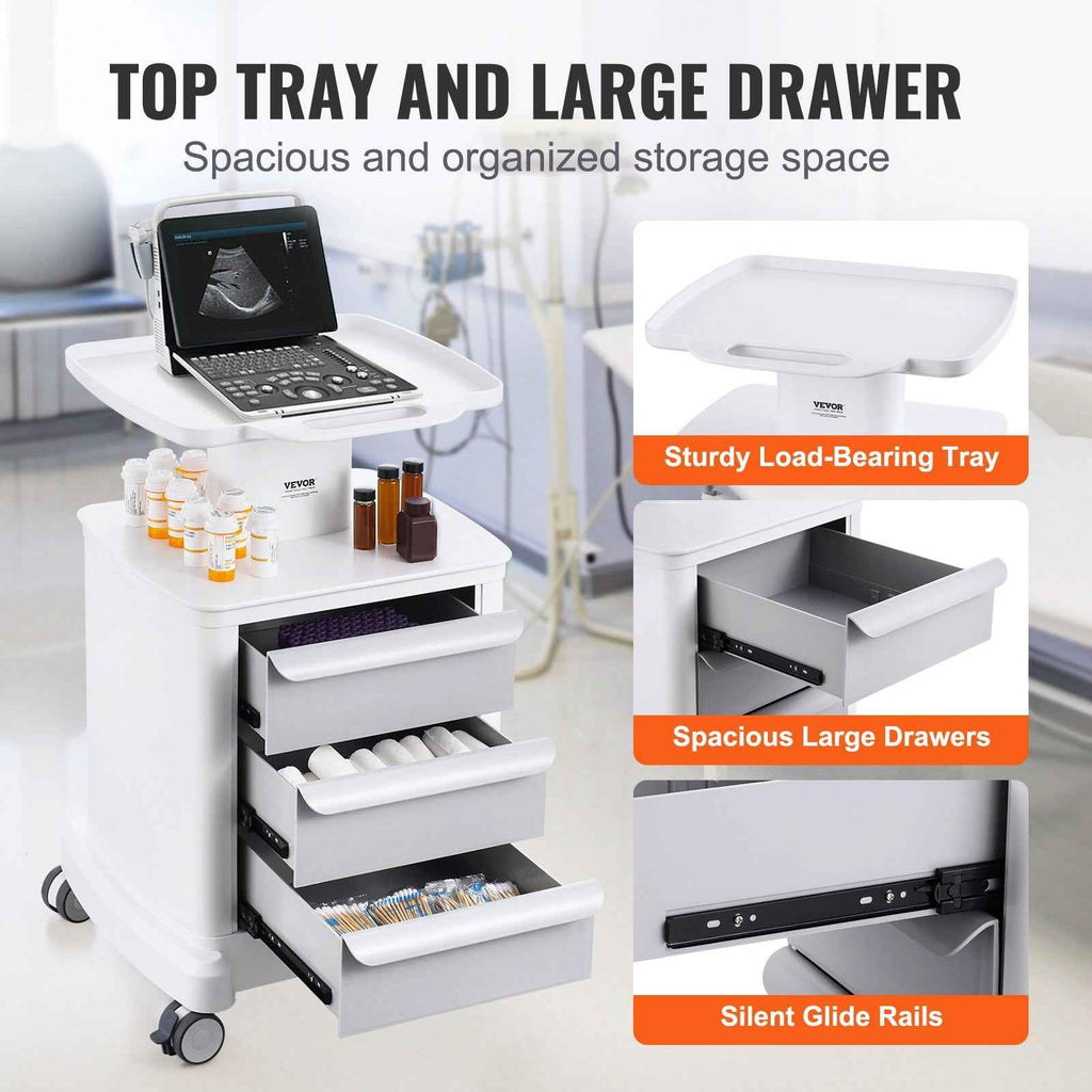 VEVOR 4 Tiers Lab Carts Mobile Medical Cart With 3 Drawers & 1 Top Tray, ABS Trolley Storage Cart, Rolling Utility Cart With 4 Silent Wheels For Lab, Clinic, Hospital, Salon, Office