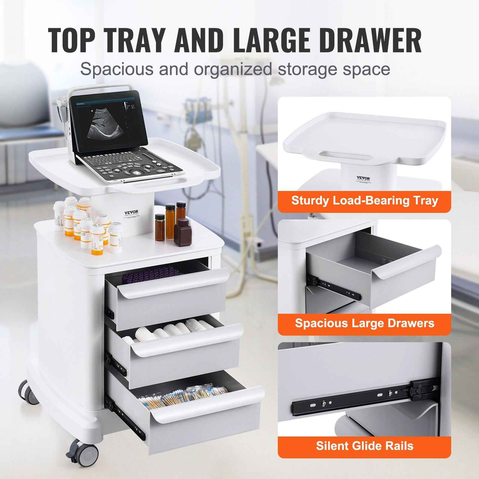 VEVOR 4 Tiers Lab Carts Mobile Medical Cart With 3 Drawers & 1 Top Tray, ABS Trolley Storage Cart, Rolling Utility Cart With 4 Silent Wheels For Lab, Clinic, Hospital, Salon, Office