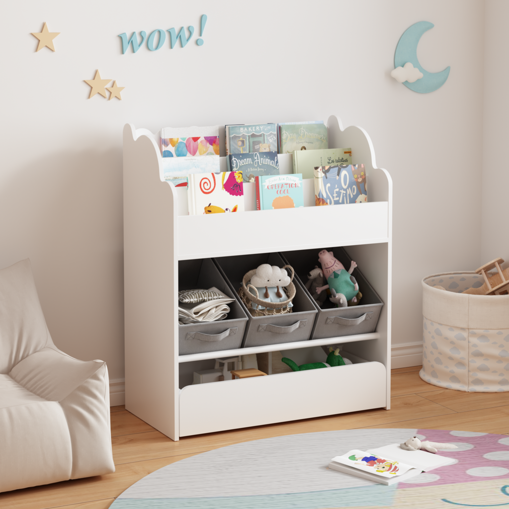 Kids Wooden Bookshelf with Storage Bins & Bottom Drawer – White Multi-Functional Toy Organizer and Toddler Bookcase for Nursery & Playroom