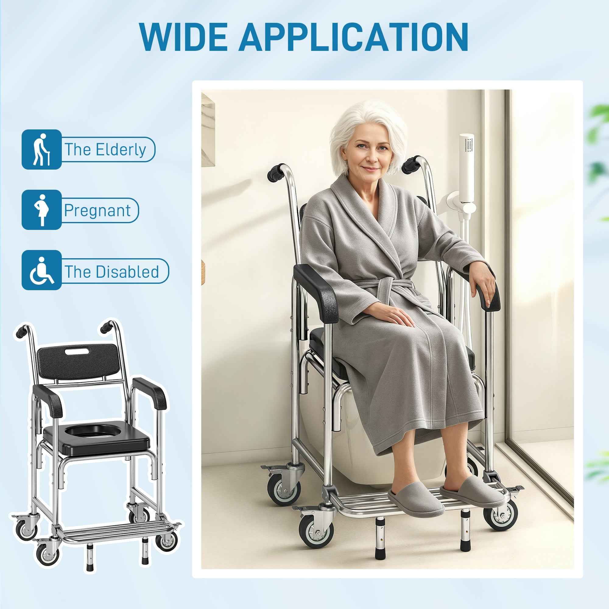 3-in-1 Shower Commode Wheelchair, Accessible Transport Commode Medical Rolling Chair, Black