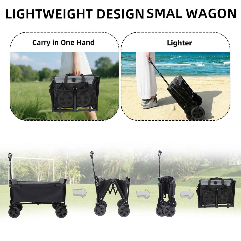 Collapsible Wagon with Wheels3-in-1  | 220lbs Heavy Duty Foldable Utility Cart for Camping, Groceries, Shopping & Pet Riding | Lightweight Portable Folding Wagon with Cup Holders – Black