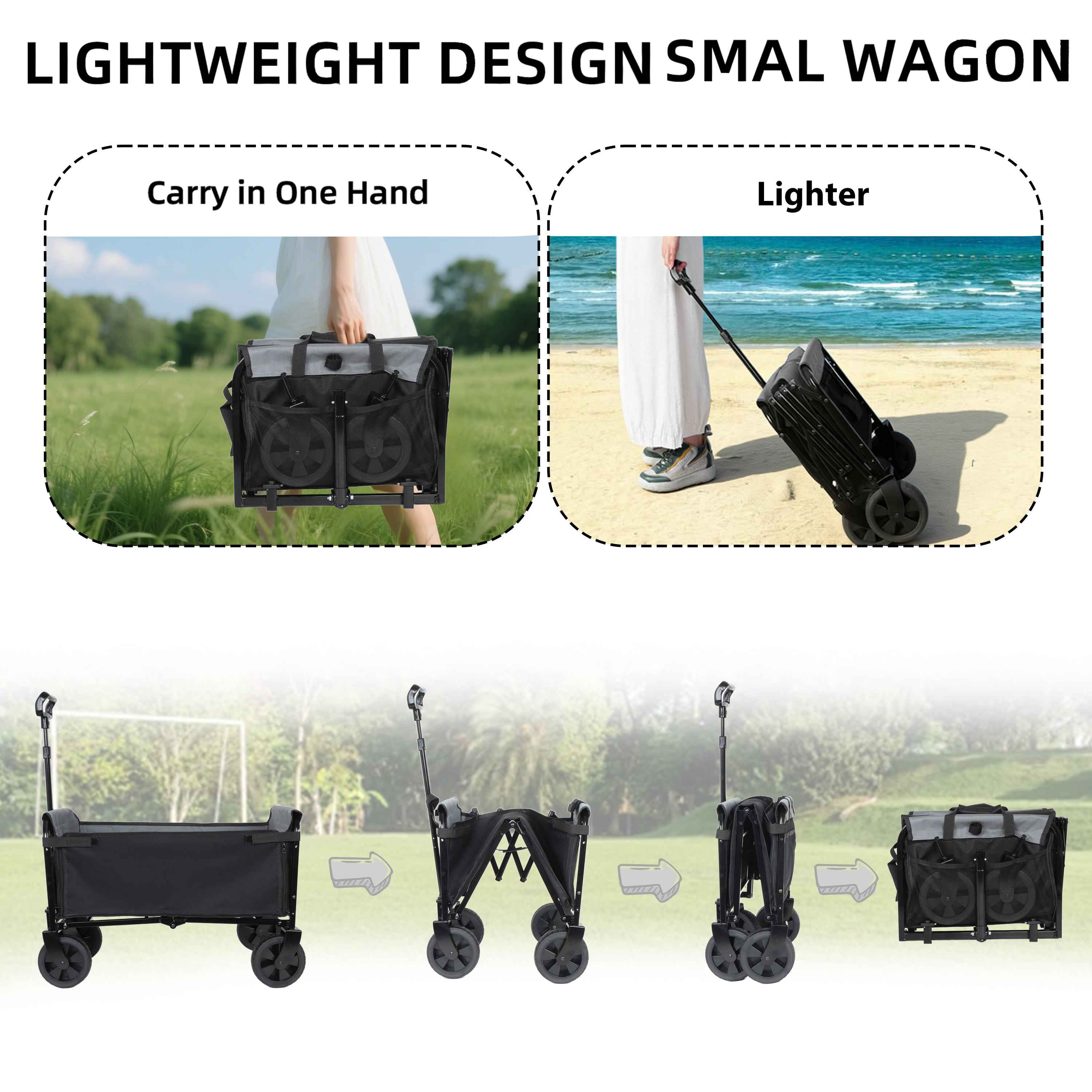 Collapsible Wagon with Wheels3-in-1  | 220lbs Heavy Duty Foldable Utility Cart for Camping, Groceries, Shopping & Pet Riding | Lightweight Portable Folding Wagon with Cup Holders – Black