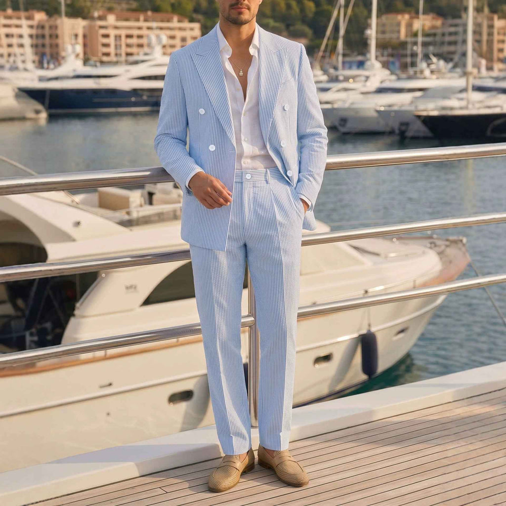 Men's Lightweight Seersucker Double-Breasted Suit Set | Business Gentleman