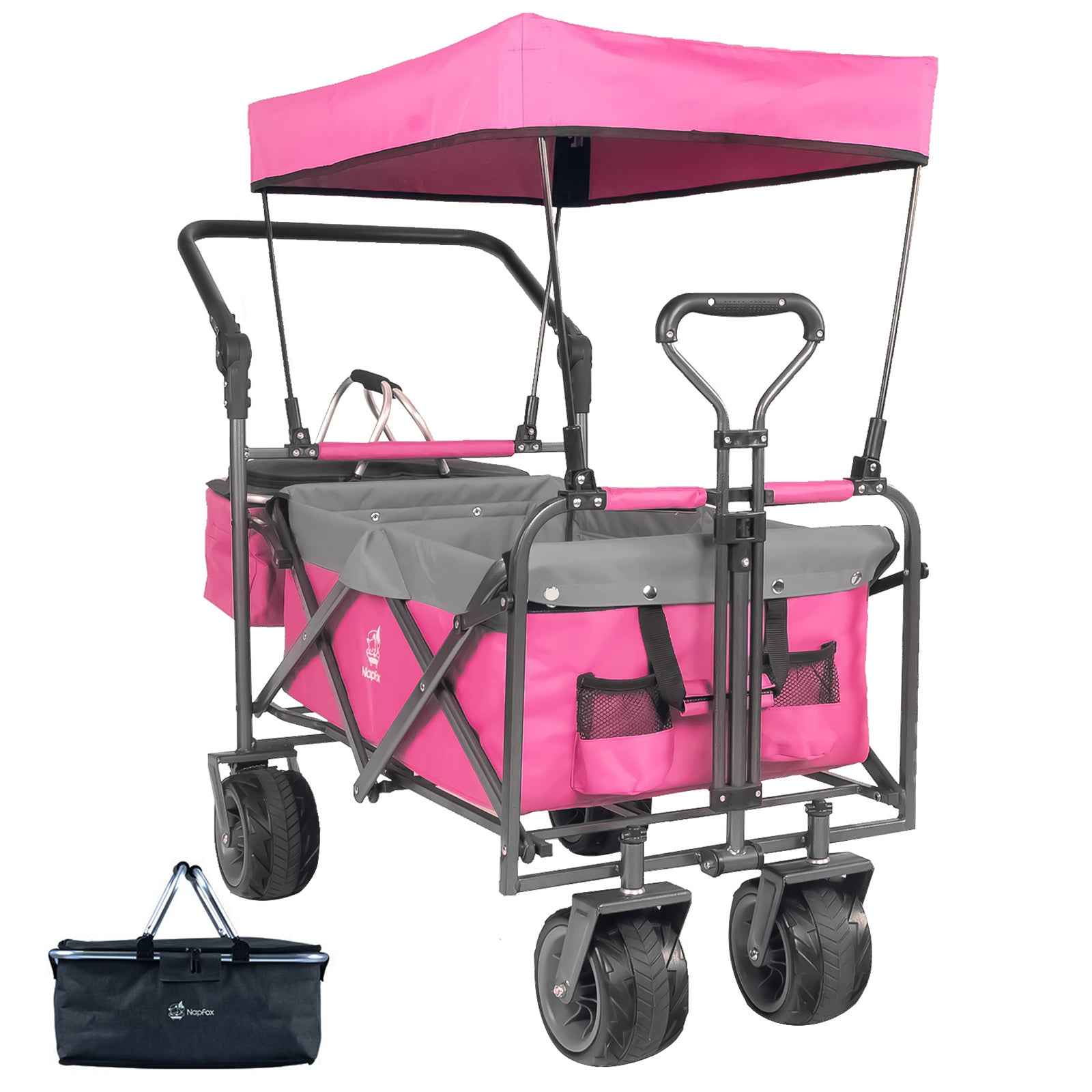 140L Collapsible Folding Wagon Cart with Removable Canopy, All-Terrain Wheels & Cooler Bag