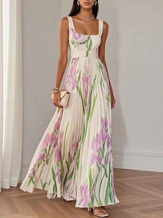Women's Summer Floral Print Sleeveless A-Line Pleated Flowy Midi Dress