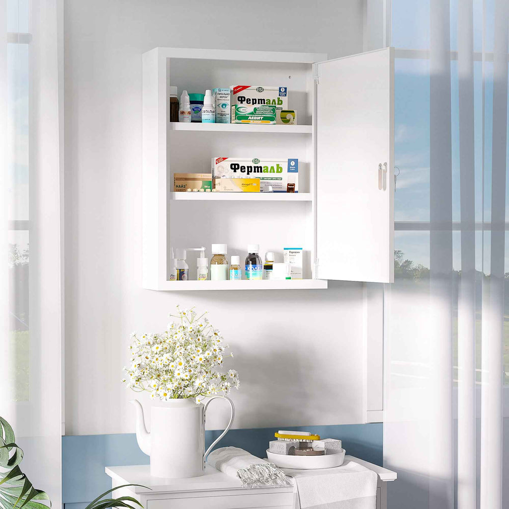 Lockable Medicine Cabinet – 16" x 21" 3-Tier Steel Medical Wall Box with 2 Keys & Shelves, White
