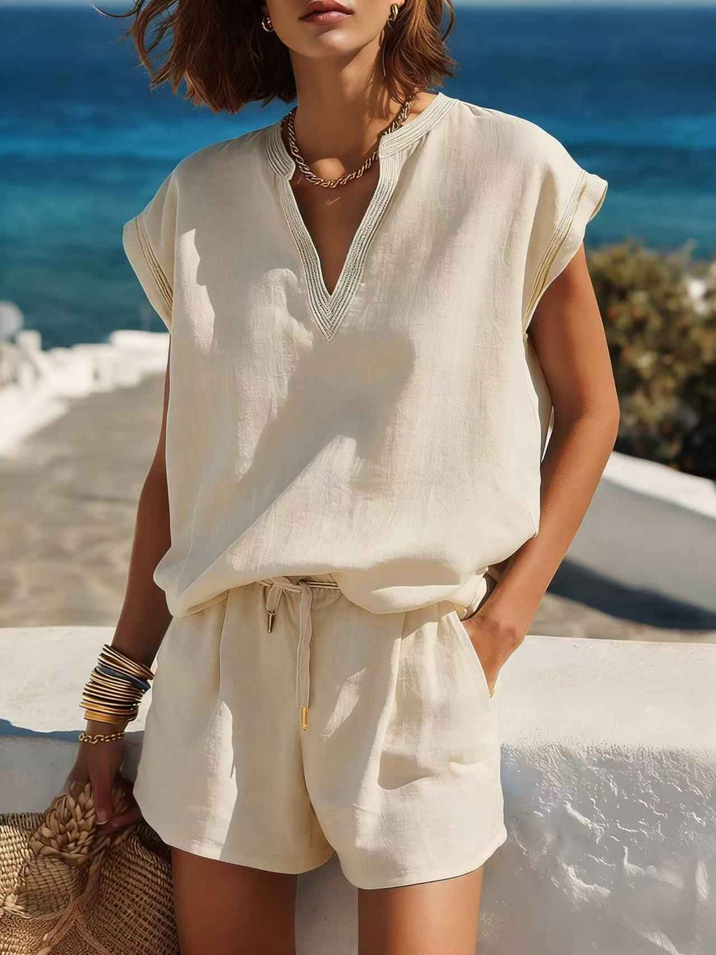Women's Casual Resort-style Top And Shorts Set