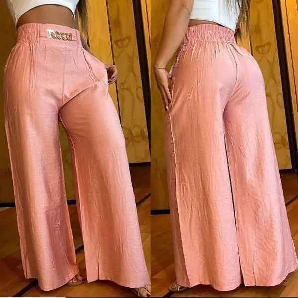 Women's Solid Color High-Waisted Wide-Leg Pants – Casual Stretchable Loose-Fitting Trousers