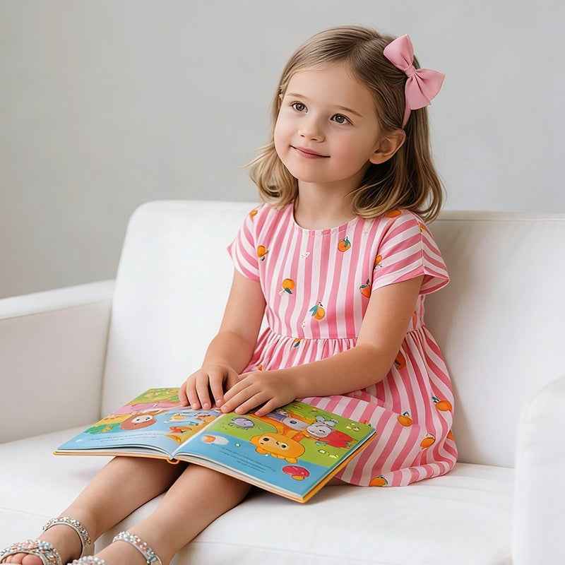 Girls 100% Cotton Short-Sleeve Dress | Round-Neck Casual Wear
