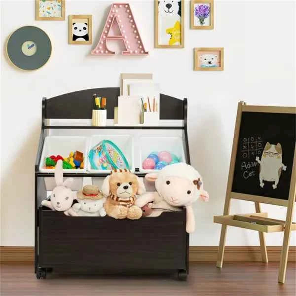 Kids Toy Storage Organizer Cabinet with Large Toy Box & Display Shelf, Dark Brown