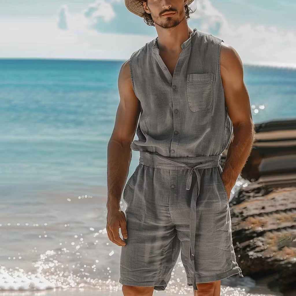 Men's One-Piece Nap Vest & Shorts Set - Lightweight Loungewear