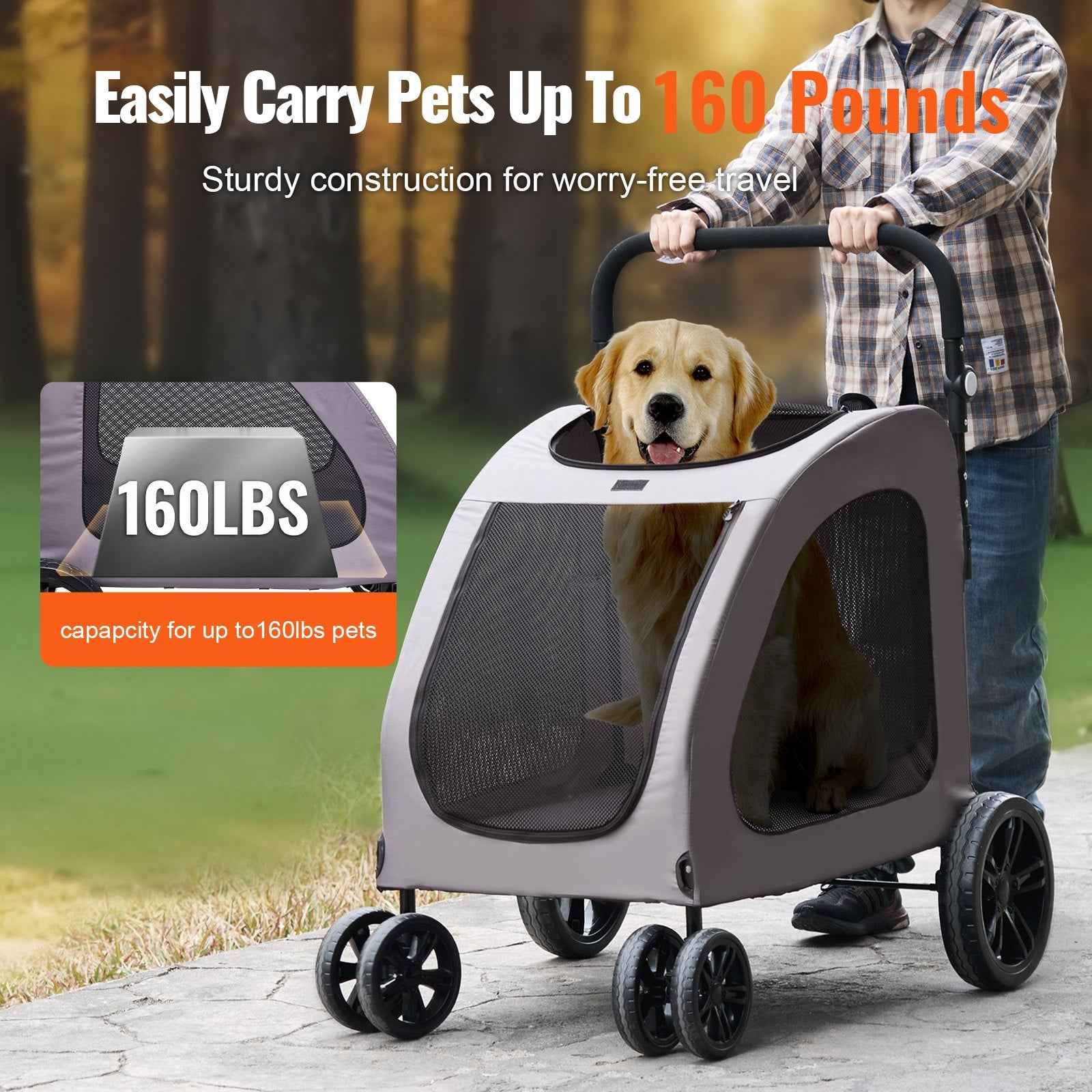 4-Wheel Heavy Duty Dog Stroller | 160lbs Capacity Portable Pet Carrier