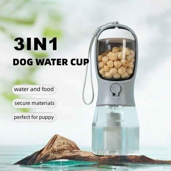 Portable Dog Water Bottle and Food Dispenser with Built-in Waste Bag Holder 3-in-1 – Leak-Proof, Travel Multi-Functional Pet Utility Cup for Walking, Hiking, and Outdoor Use