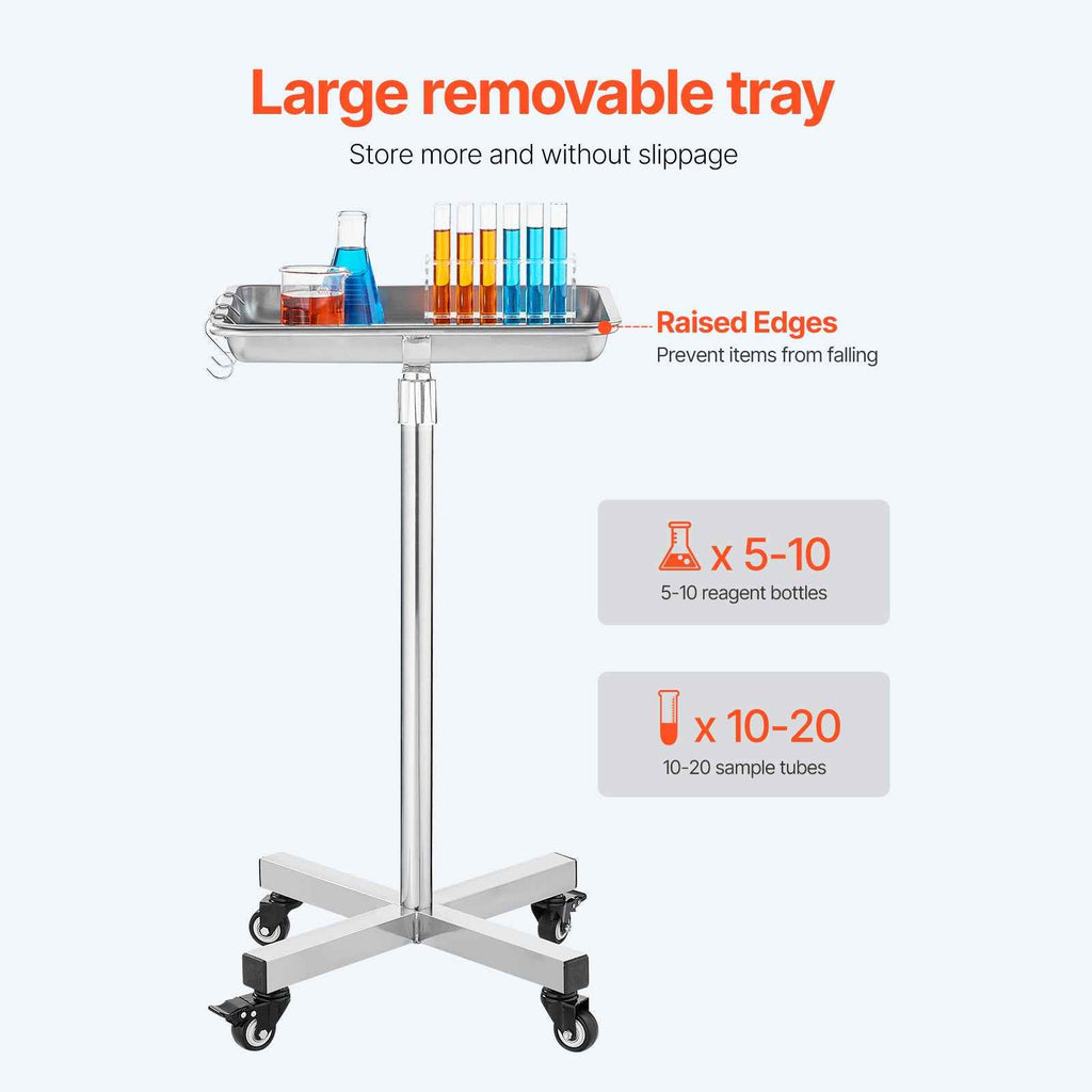 VEVOR Stainless Steel Mayo Stand, Height Adjustable 25.2”-39.8”, Mobile Rolling Medical Tray with Removable Top for Salons, Spas & Clinics, 35 Lbs Capacity