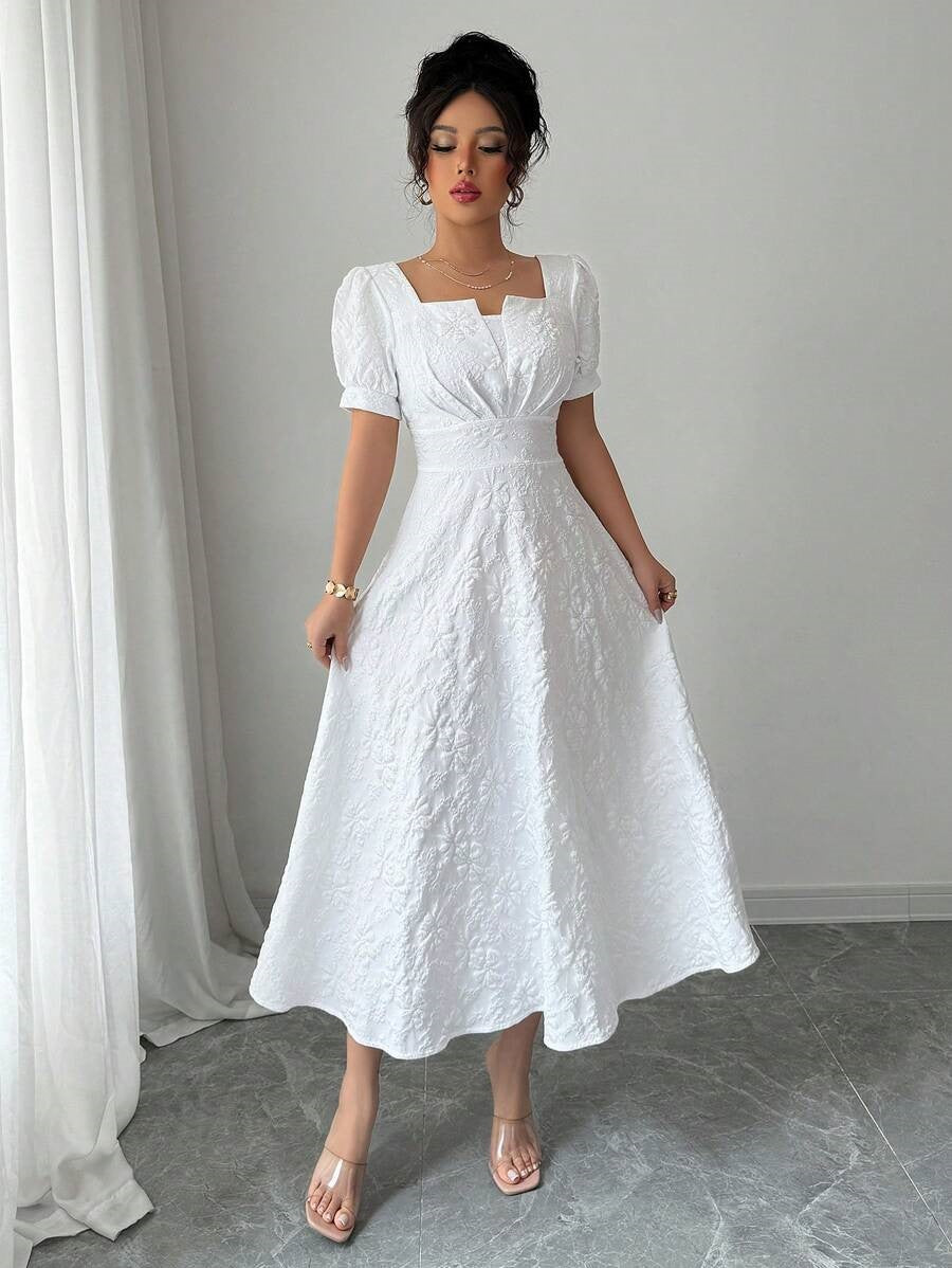 Elegant Jacquard Solid Color Puff Sleeve Square Neck Dress For Women - Shop NCLC