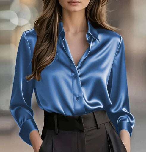 Elegant Satin Long Sleeve Blouse For Women Button-Up Collar Shirt Perfect For Casual Professional Business Work Wear Women's Clothing - Shop NCLC