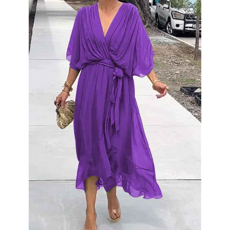 Women's Summer V-Neck Batwing Sleeve Tie-Waist Irregular Long Maxi Dress