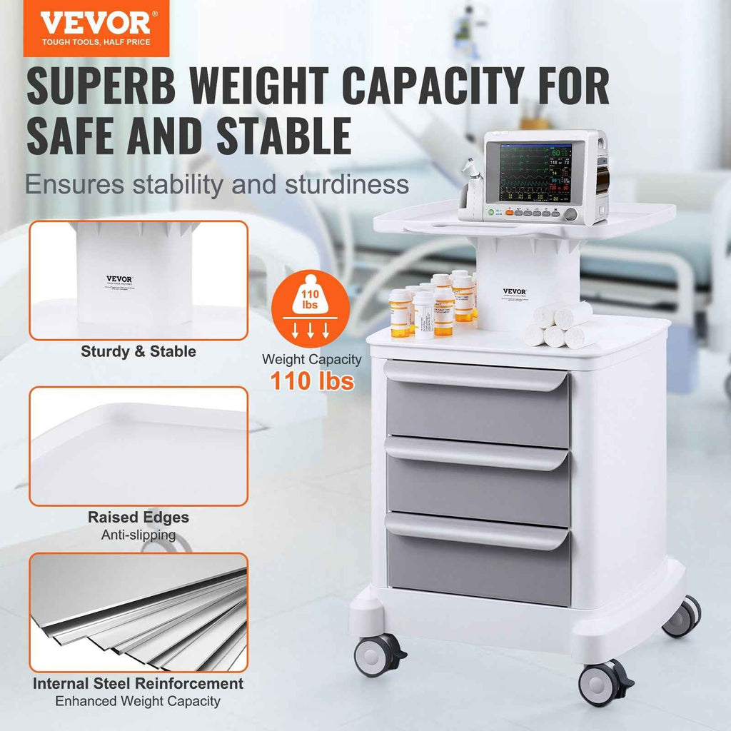 VEVOR 4 Tiers Lab Carts Mobile Medical Cart With 3 Drawers & 1 Top Tray, ABS Trolley Storage Cart, Rolling Utility Cart With 4 Silent Wheels For Lab, Clinic, Hospital, Salon, Office