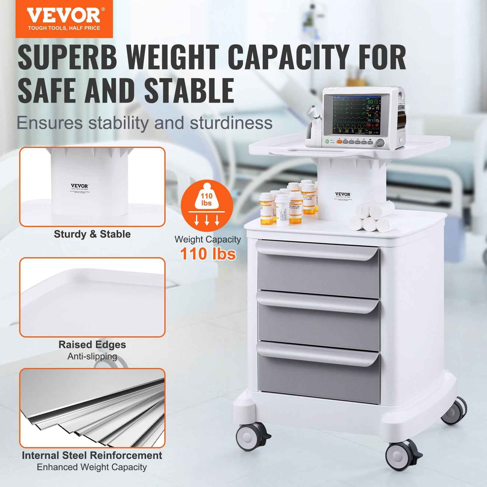 VEVOR 4 Tiers Lab Carts Mobile Medical Cart With 3 Drawers & 1 Top Tray, ABS Trolley Storage Cart, Rolling Utility Cart With 4 Silent Wheels For Lab, Clinic, Hospital, Salon, Office
