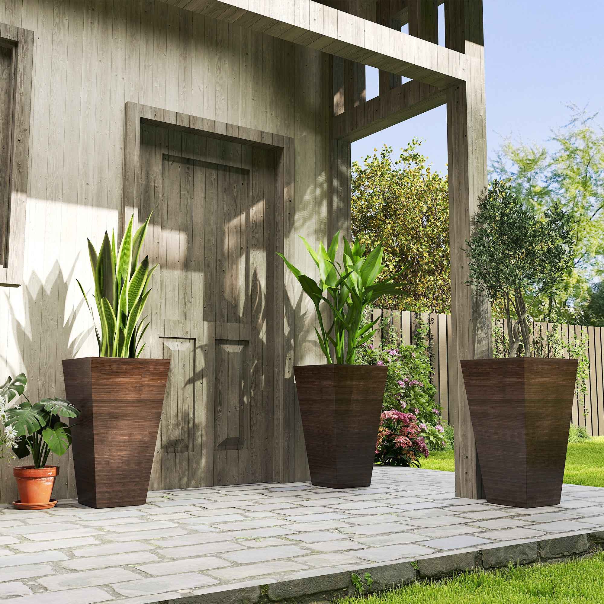 Set Of 3 Tall Planters, 28" Outdoor Planter W/ Drainage Holes, Faux Wood Plastic Flower Pots, Brown