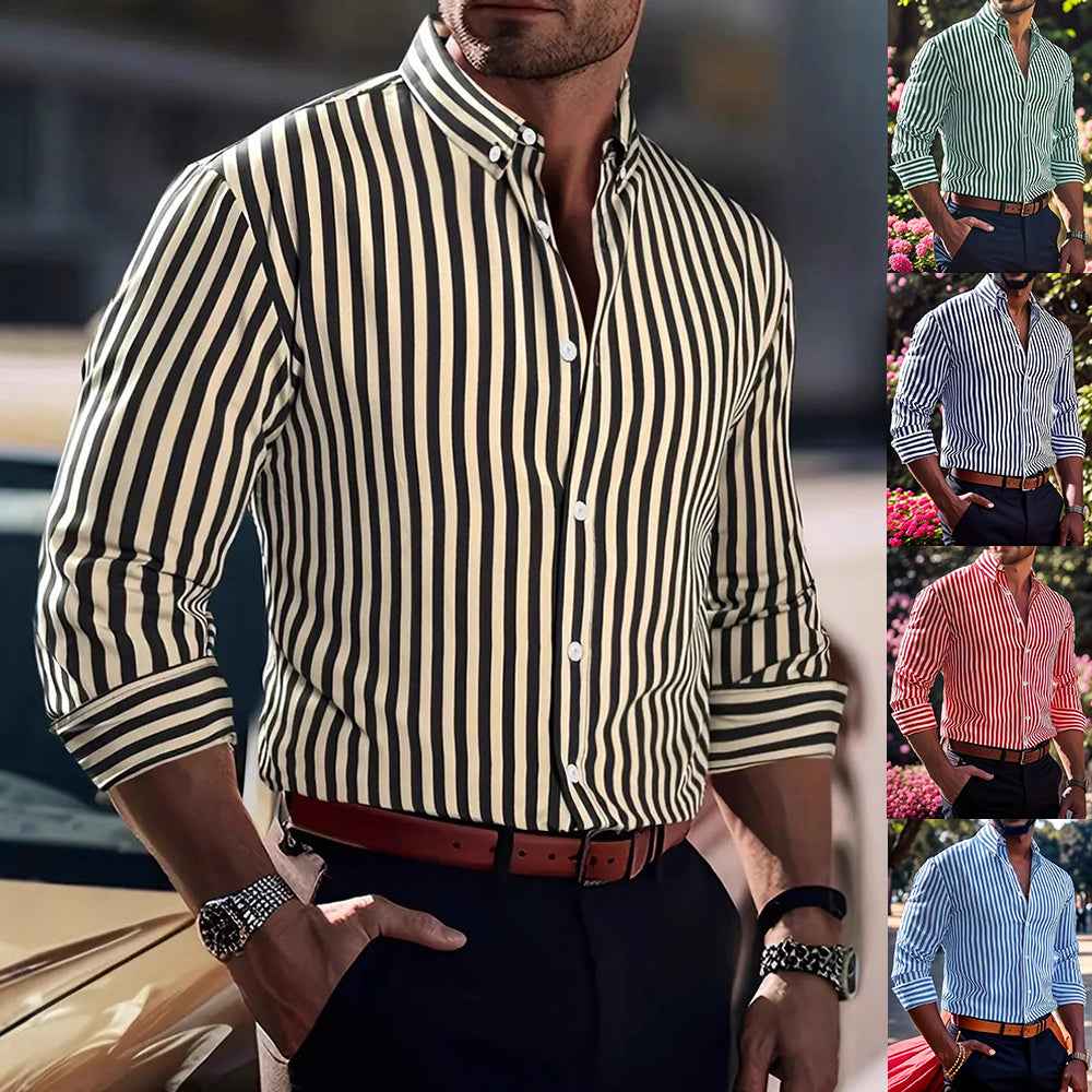 Men's Casual Stripe Printed Long Sleeve Shirt – Fashion Lapel Button-Down Top