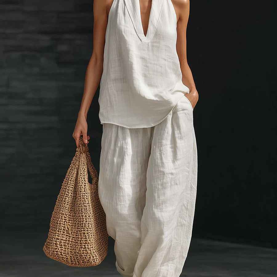 Women's Solid Halter V-Neck Sleeveless Top & Wide Leg Pants Two-Piece Set