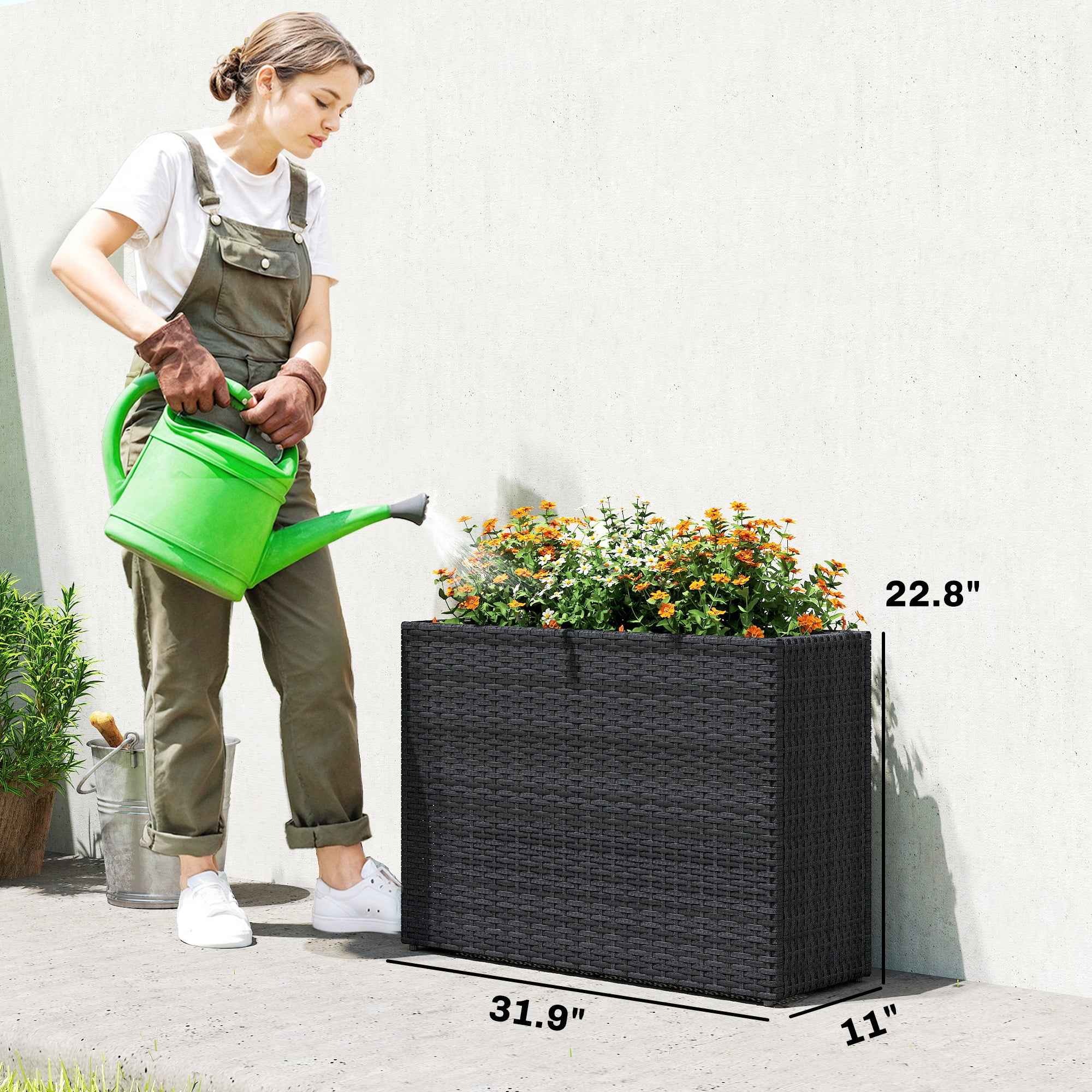Tall Rectangular Planter with Removable Liner, Holes, PE Wicker Large Planter Box for Indoor Outdoor Plants, Black