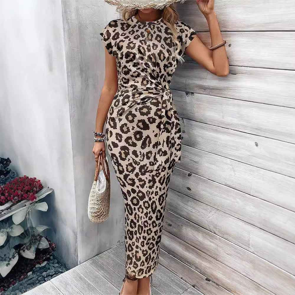 Women's Leopard Print Cap Sleeve Bodycon Dress – Cinched Waist Midi Dress