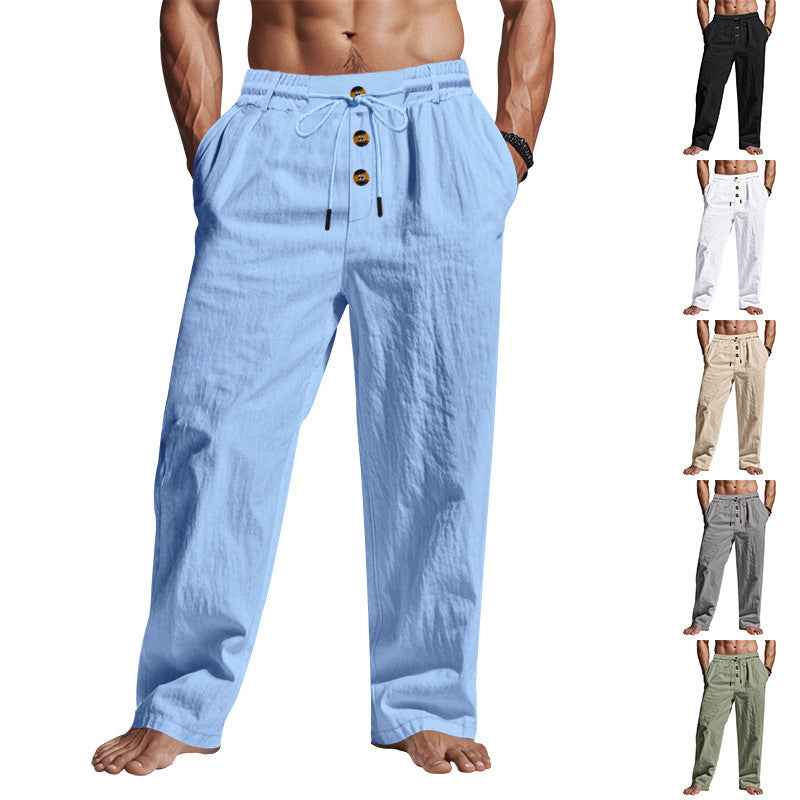Men's Solid Button Design Linen Pants - Casual Comfy Breathable Beach & Holiday Trousers