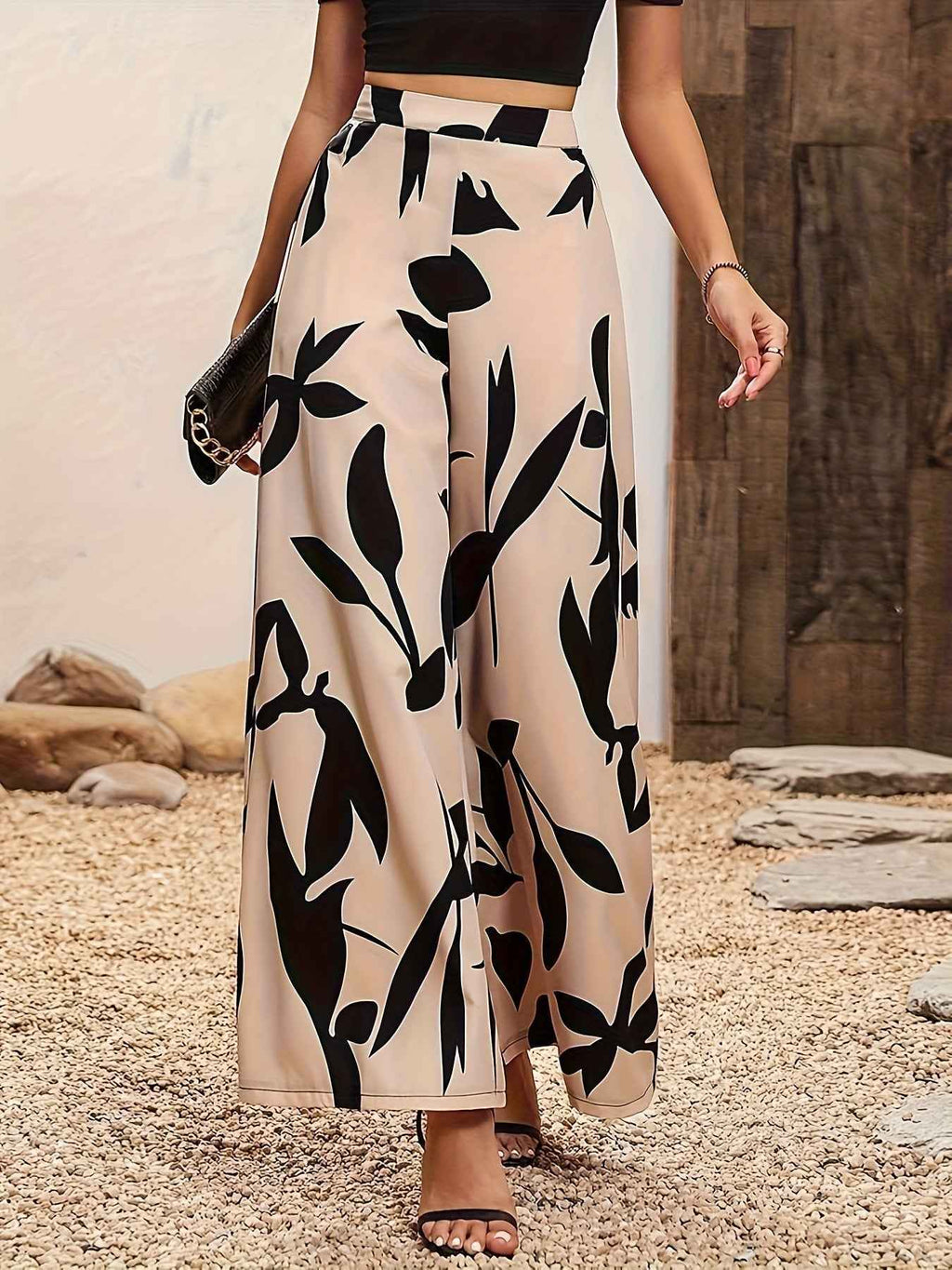 Women's Leaf Print High Waisted Wide Leg Casual Pants - Flowy Lounge & Beach Trousers