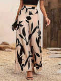 Women's Leaf Print High Waisted Wide Leg Casual Pants - Flowy Lounge & Beach Trousers