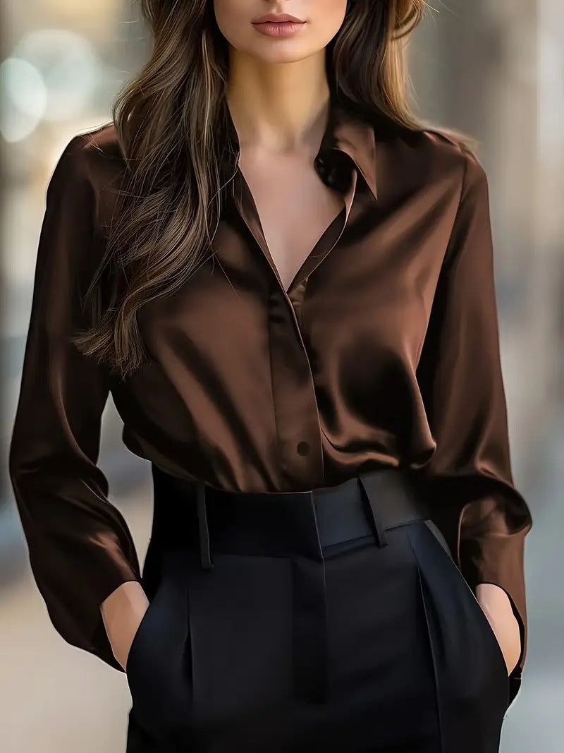 Elegant Satin Long Sleeve Blouse For Women Button-Up Collar Shirt Perfect For Casual Professional Business Work Wear Women's Clothing - Shop NCLC