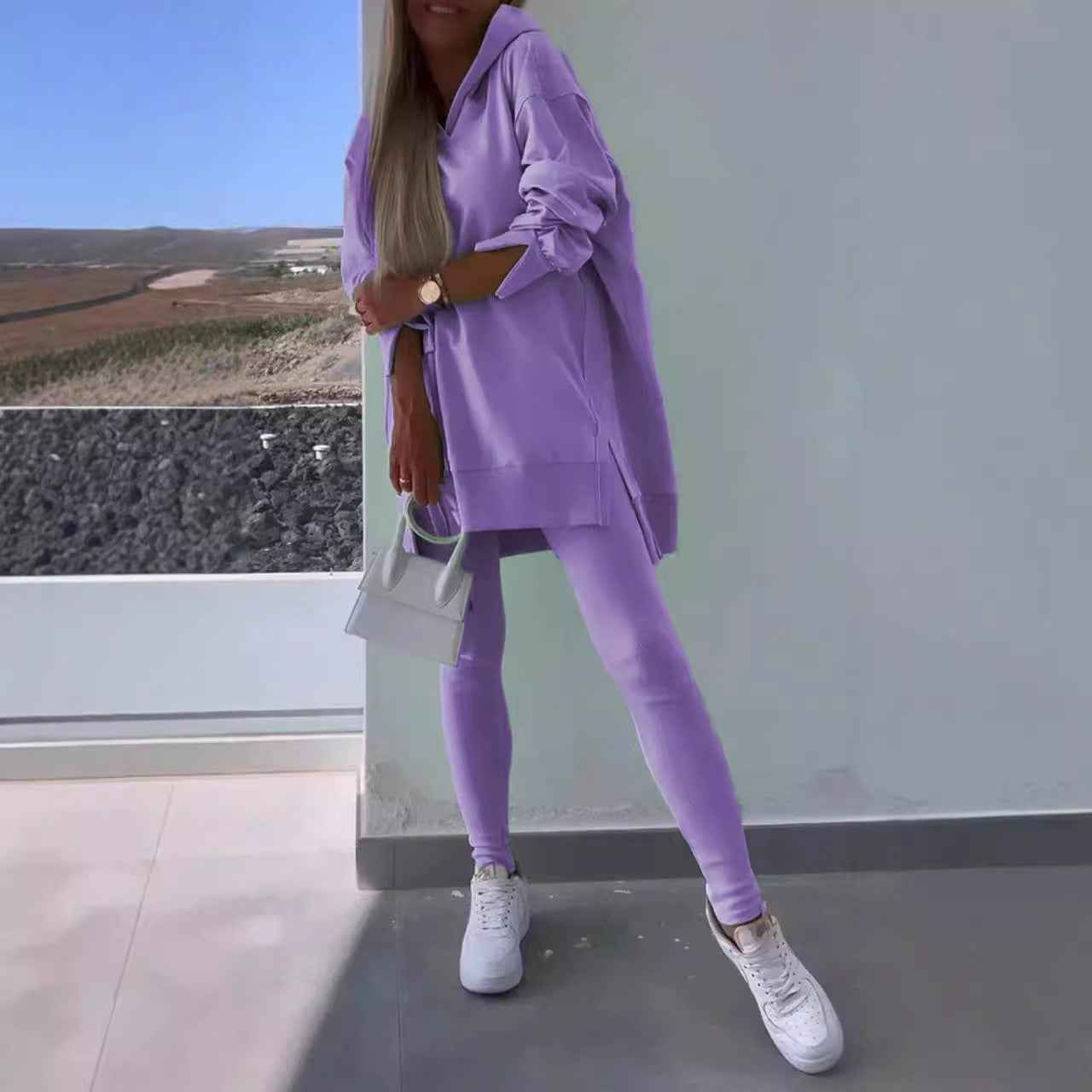 Women's Sports Casual Hooded Sweatshirt & Slit Tights 2-Piece Set