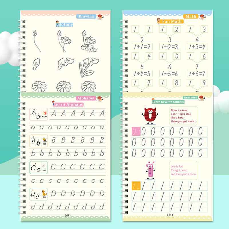 Magic Practice Copybook Set - Reusable Grooved Handwriting Workbooks For Kids With Disappearing Ink