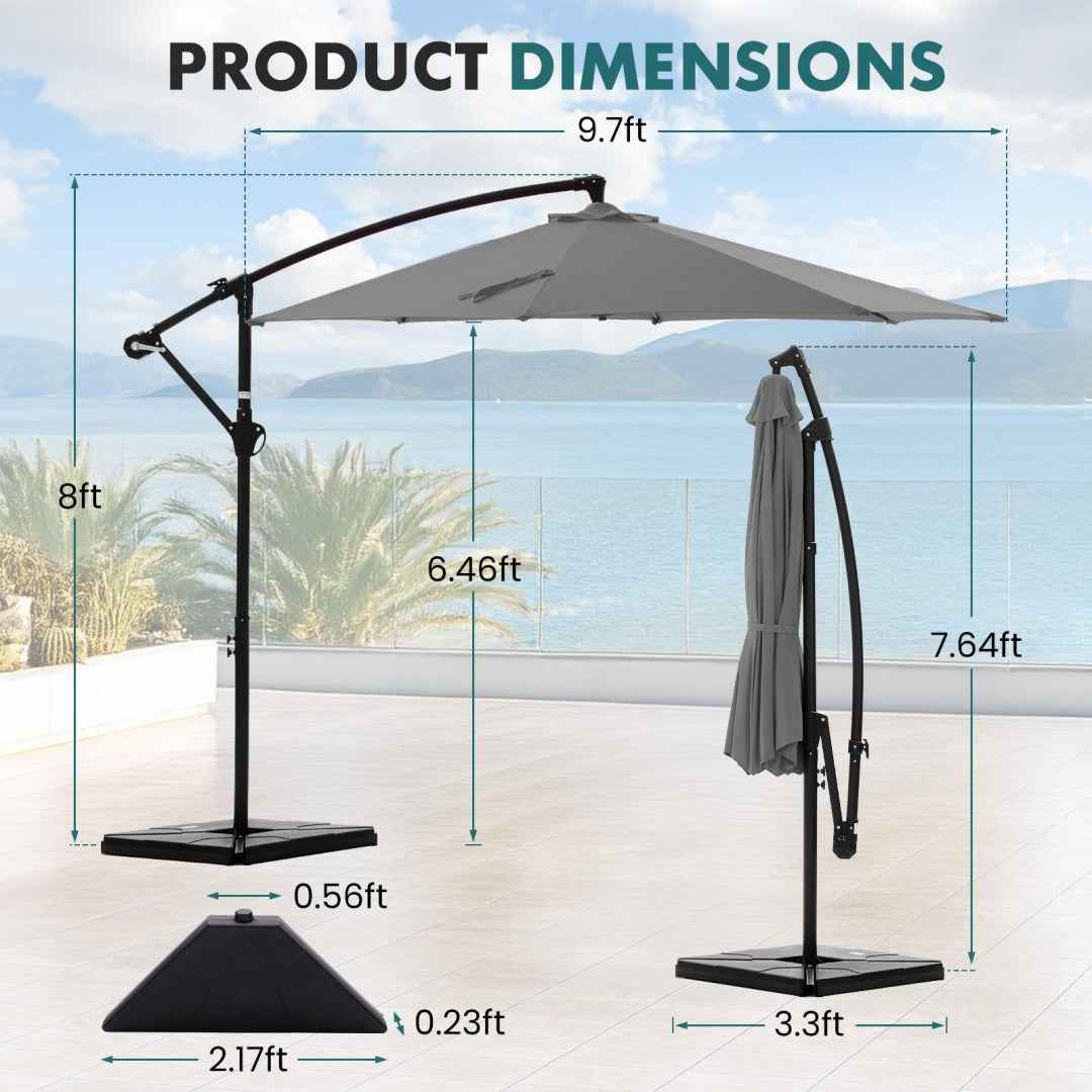 9.8FT Offset Patio Umbrella & Base | Hanging Cantilever Outdoor Sun Shade with Easy Tilt