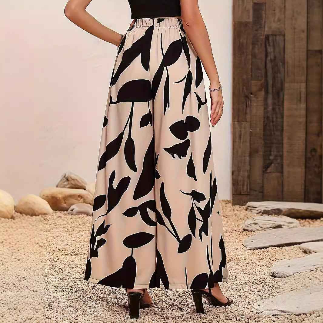 Women's Leaf Print High Waisted Wide Leg Casual Pants - Flowy Lounge & Beach Trousers
