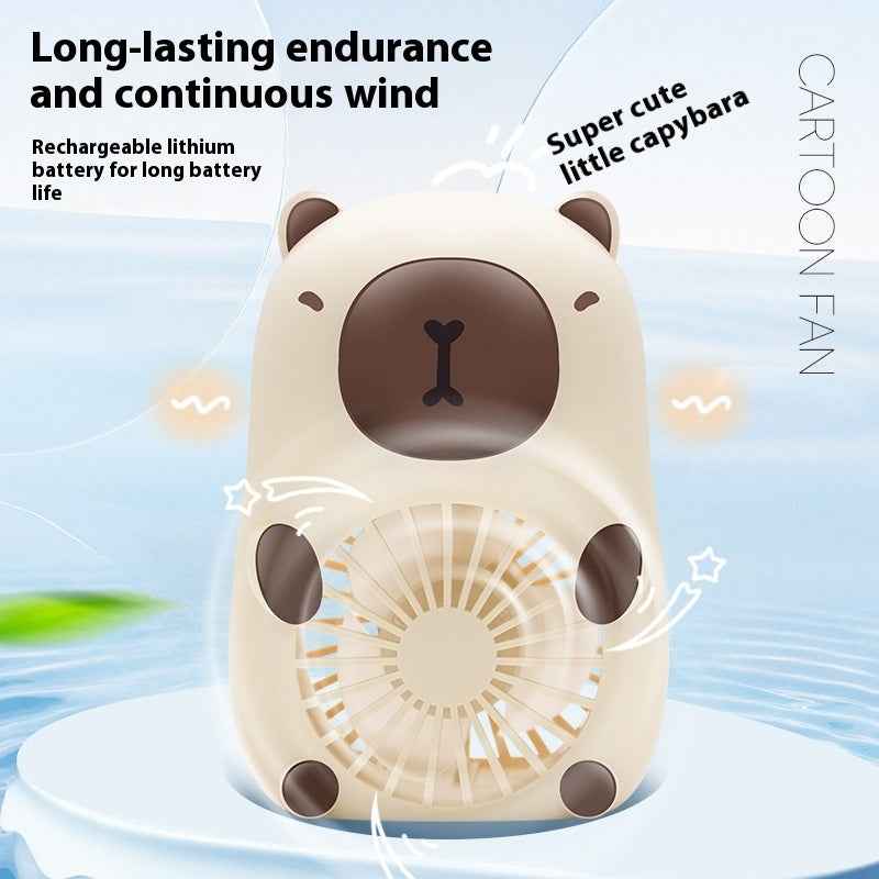 Kids' Cartoon Capybara Handheld Mini Fan with Lanyard — Portable USB Rechargeable Personal Cooling Device