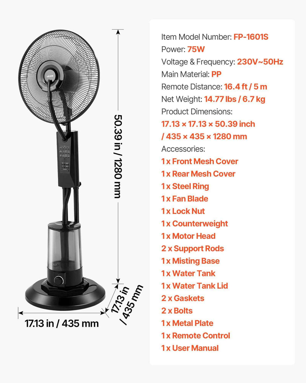 VEVOR Misting Fan, 3 Wind Speeds Misting Standing Fan, Mister Cooling Fans with 0.79 Gal Water Tank, Remote & Panel Control, Water Cooling Fans for Indoor, Outdoor, Garage, Patio, Living Room, 3 Modes