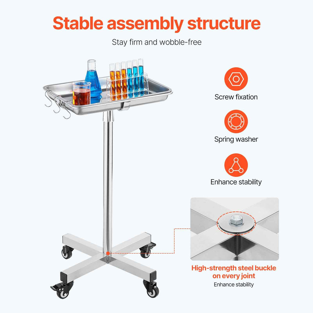 VEVOR Stainless Steel Mayo Stand, Height Adjustable 25.2”-39.8”, Mobile Rolling Medical Tray with Removable Top for Salons, Spas & Clinics, 35 Lbs Capacity