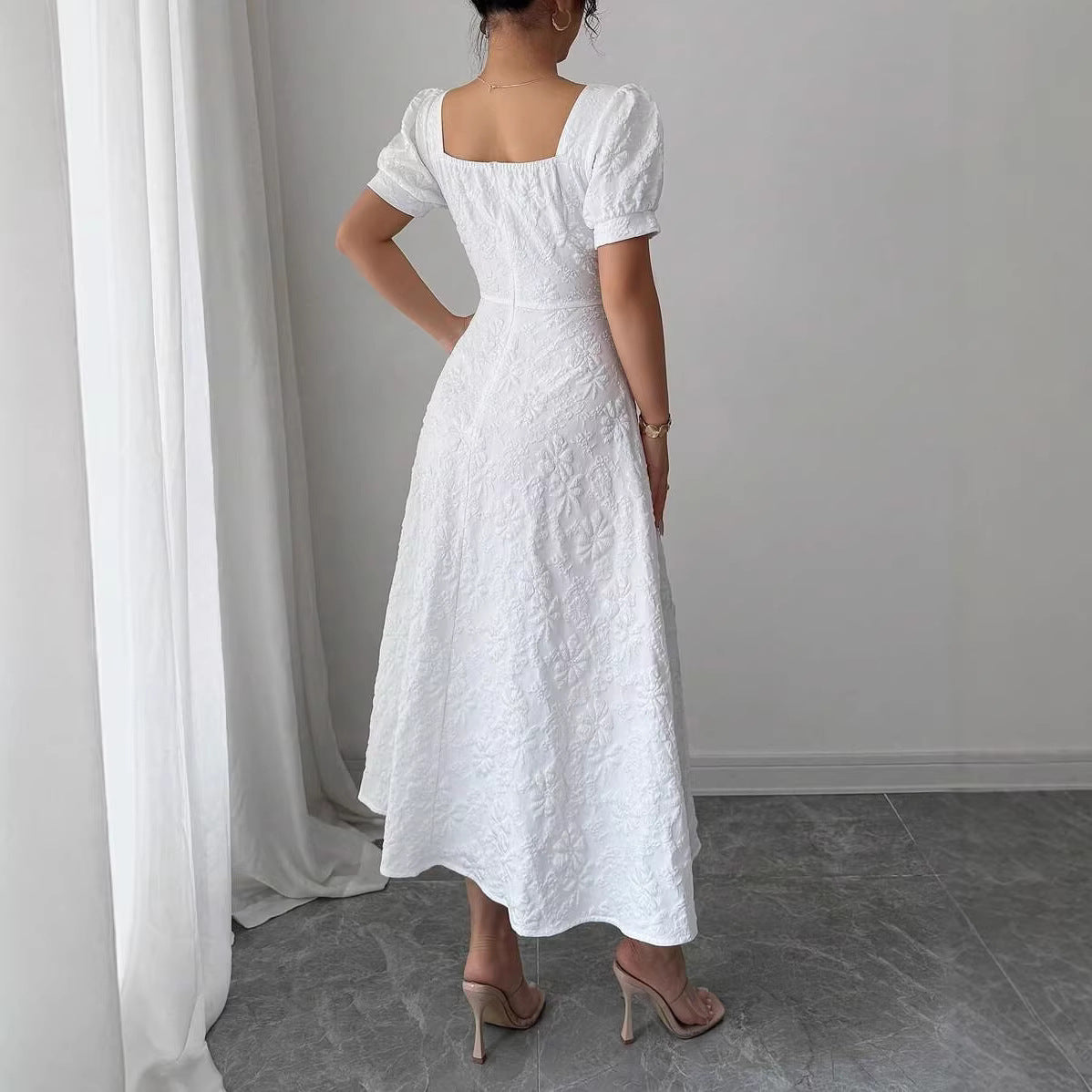 Elegant Jacquard Solid Color Puff Sleeve Square Neck Dress For Women - Shop NCLC