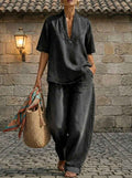 Women's Denim 2-Piece Set | Short Sleeve V-Neck & Wide Leg