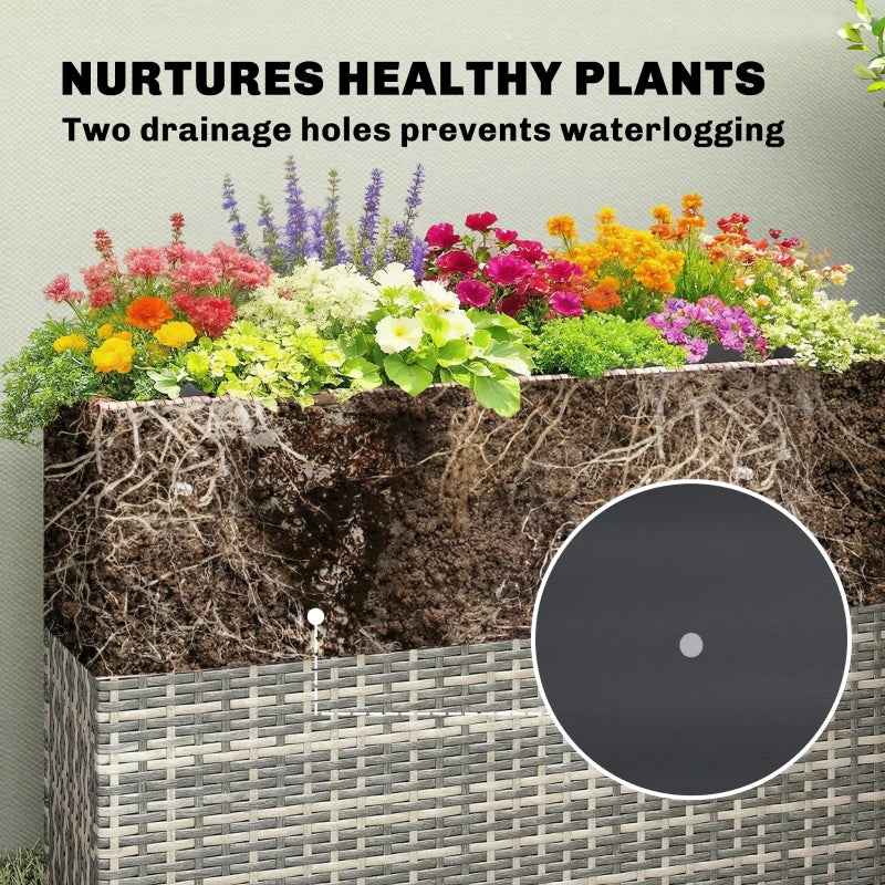 Tall Rectangular Planter With Removable Liner, Holes, PE Wicker Large Planter Box For Indoor Outdoor Plants, Gray