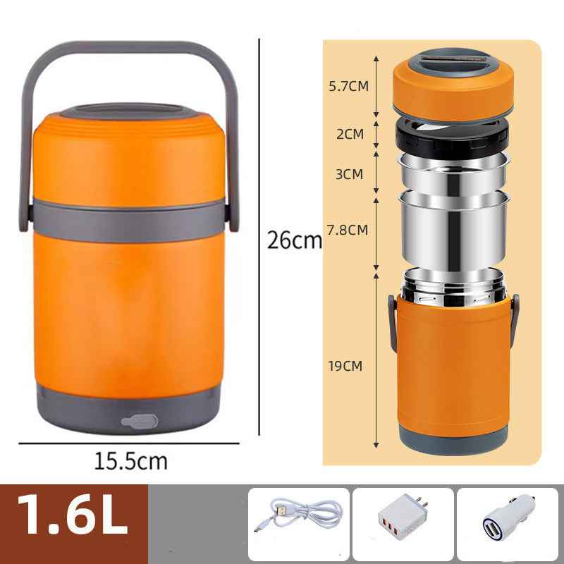 3-Level Heated Electric Lunch Box | 54oz Stainless Steel USB Food Warmer Canister
