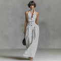 Women's Button-Front Halter Wide-Leg Jumpsuit | Sleeveless High-Waisted Romper