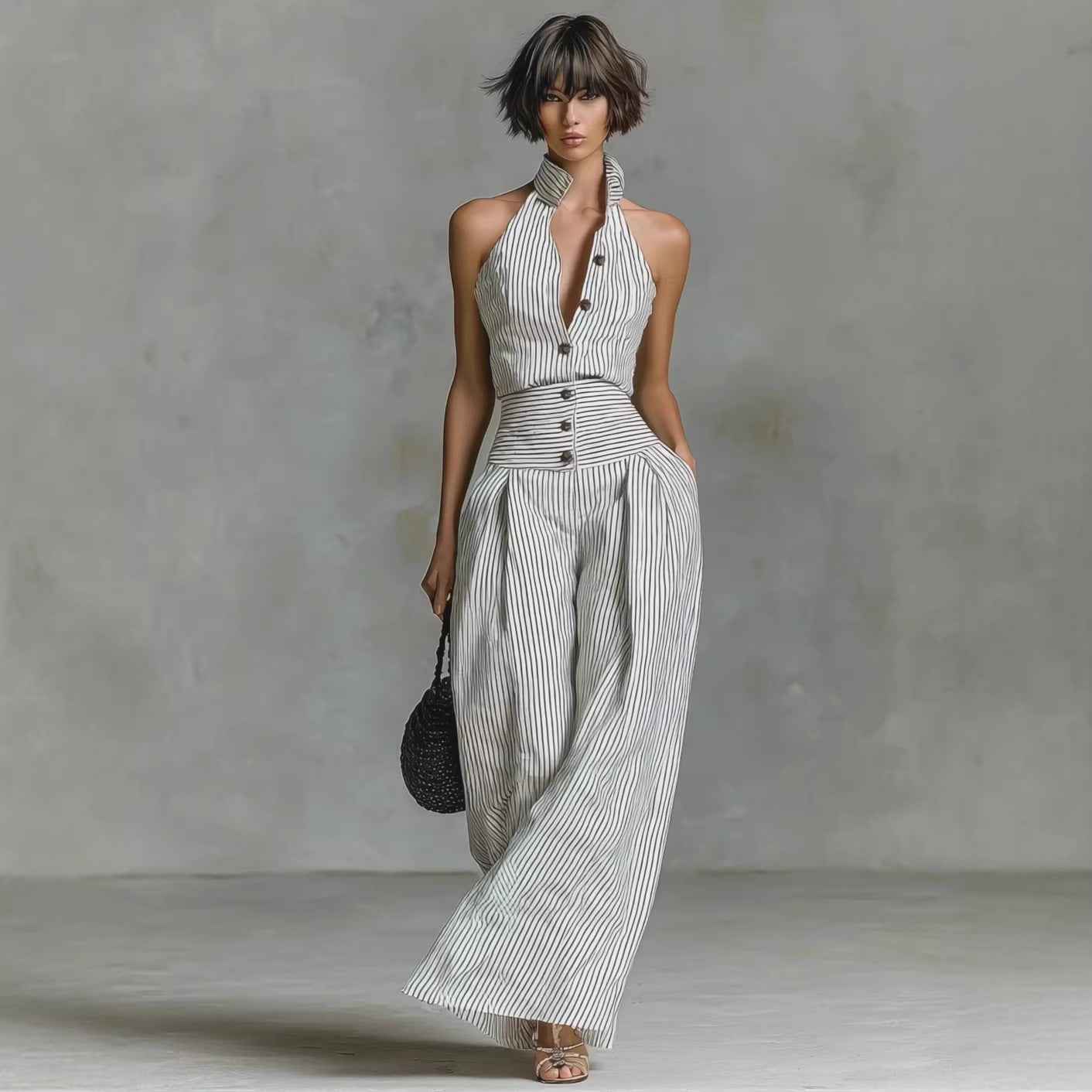 Women's Button-Front Halter Wide-Leg Jumpsuit | Sleeveless High-Waisted Romper